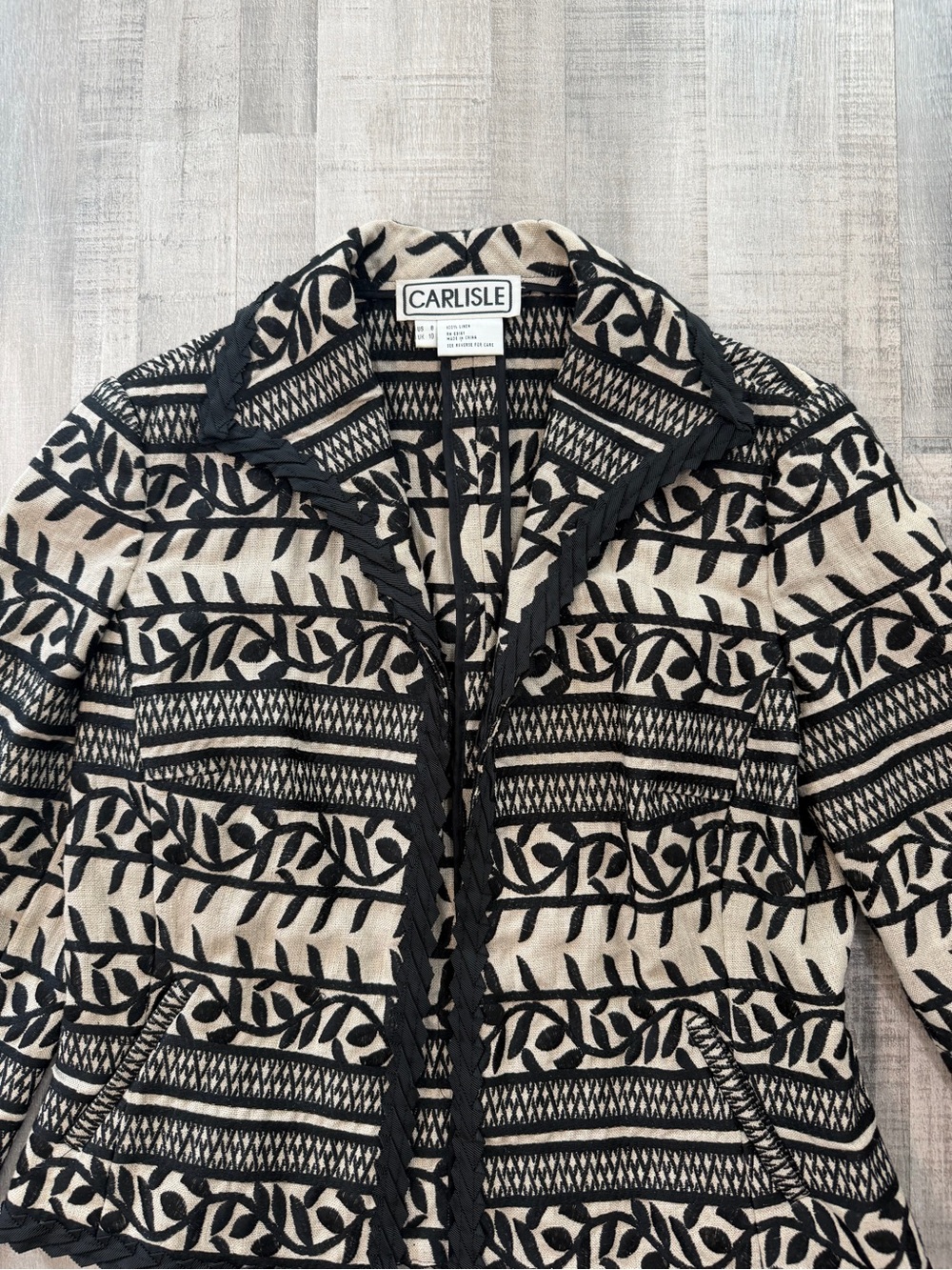 Vintage Carlisle Linen Embroidered Jacket Women’s 8 Black Ivory Boho Blazer
